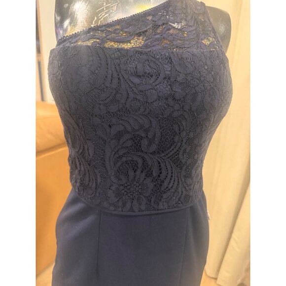 Adrianna Papell Midnight Lace Crepe Gown One-Shoulder Size 2 Formal Dress With S - Picture 5 of 7